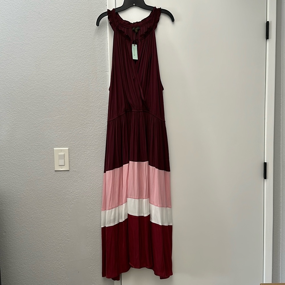 NWT Anthropologie maroon, pink & white color block flutter halter dress.